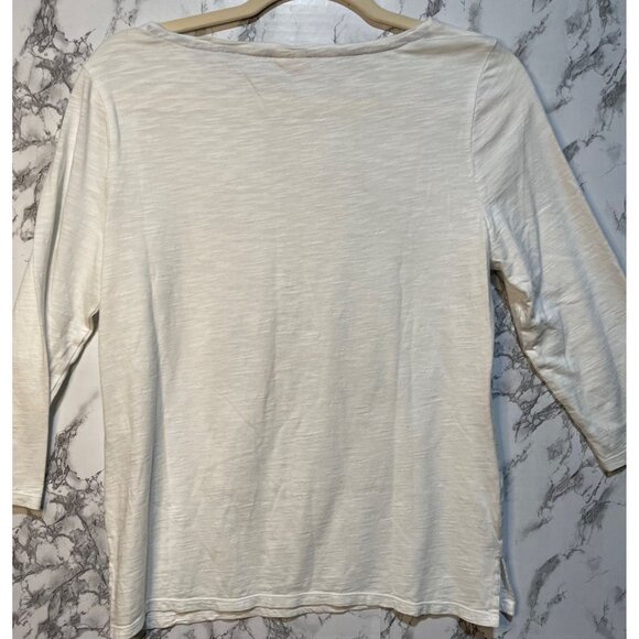 Chico's Women's 3/4th  Long-Sleeve White Top With Frayed Denim Patchwork Design - Picture 5 of 11